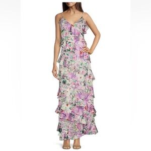 NWT Badgley Mischka Belle Maren Satin Chiffon Tiered Floral Dress Easter Size 12